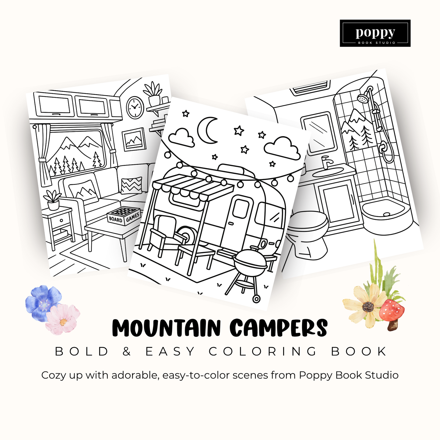 Mountain Campers - Bold and Easy Coloring Book: Relaxing Mountain Camper Scenes for Stress Relief and Adventure-Loving Colorists