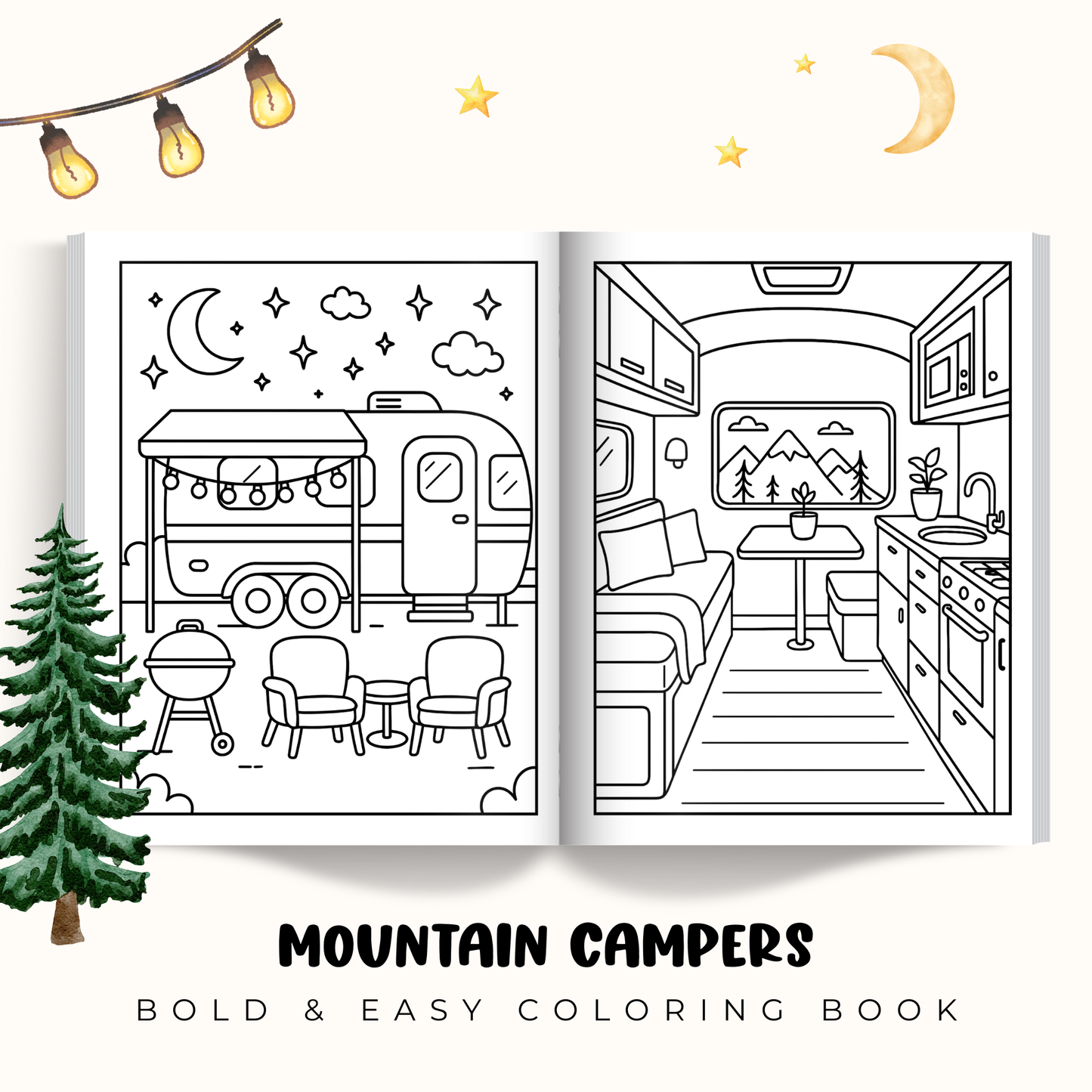 Digital Mountain Campers - Bold and Easy Coloring Book: Relaxing Mountain Camper Scenes for Stress Relief and Adventure-Loving Colorists