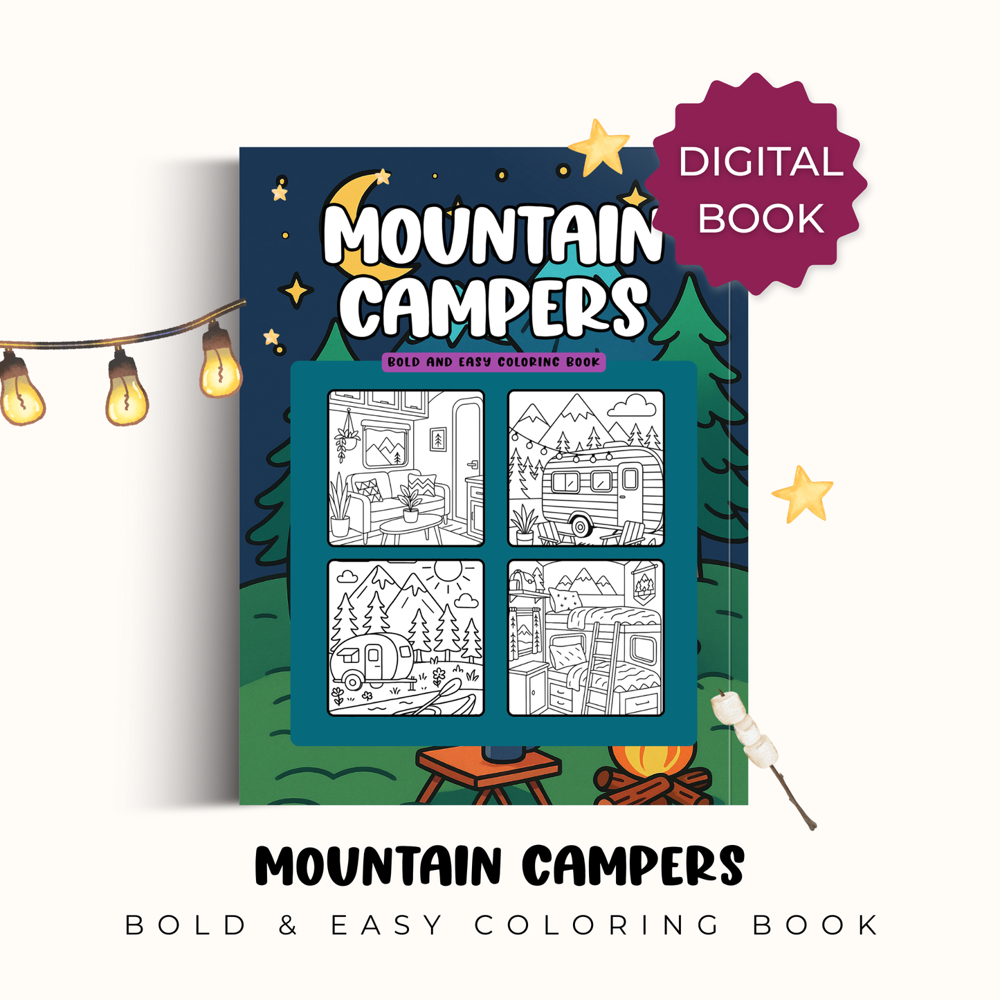 Digital Mountain Campers - Bold and Easy Coloring Book: Relaxing Mountain Camper Scenes for Stress Relief and Adventure-Loving Colorists
